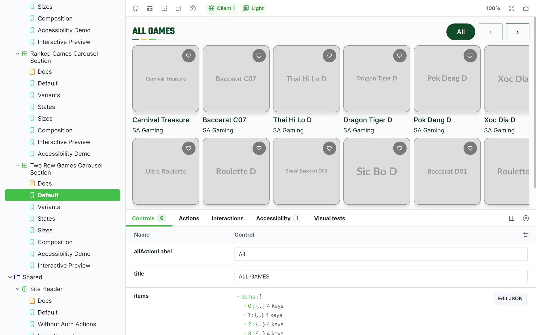 Storybook canvas showing a games carousel component, the component tree and the controls panel