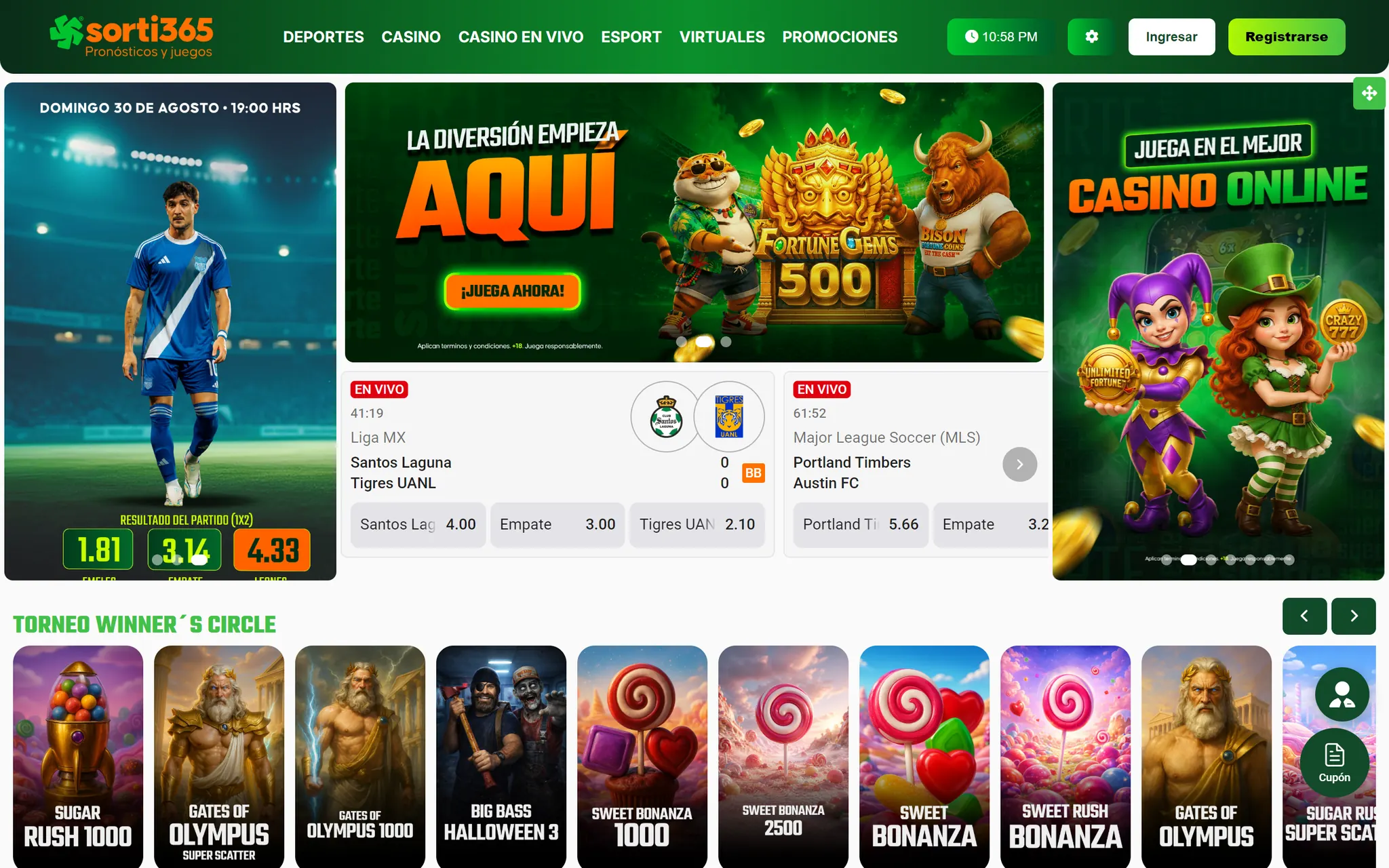 Sorti365 iGaming portal: live match odds above a grid of games